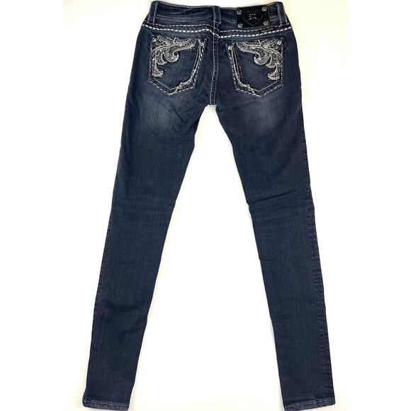 MISS ME Skinny Low Rise Embroidered Jeans Womens (25x31) Dark Rhinestone Mcbling - Picture 4 of 8